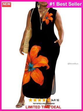 Women's Plus Size Maxi Dress V-Neck Sleeveless Side Slit Pockets Floral Sundress